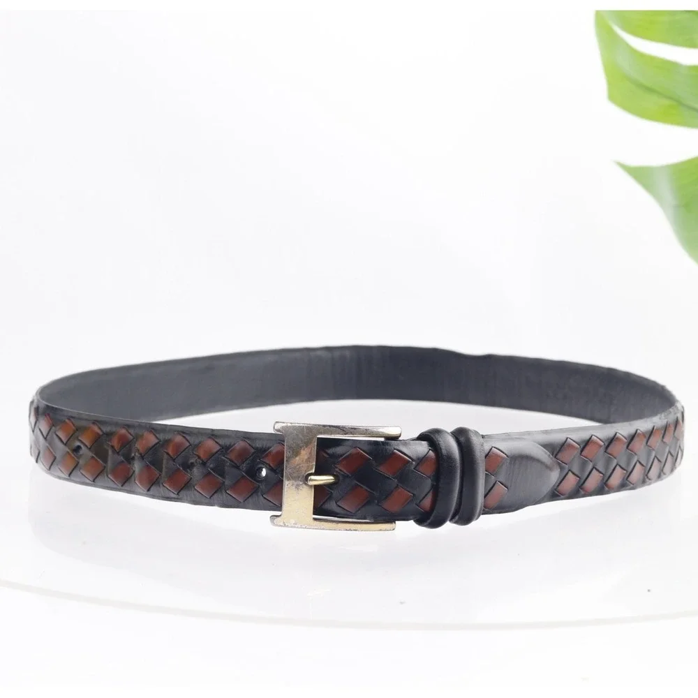 Bill Lavin Mens Belt Size 36 Black Brown Braided Woven Brass Buckle Dress